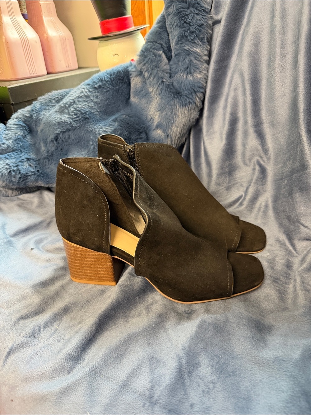 New! Fergalicious Black Open-Toe Block Heel Booties with Brown Stacked Heel